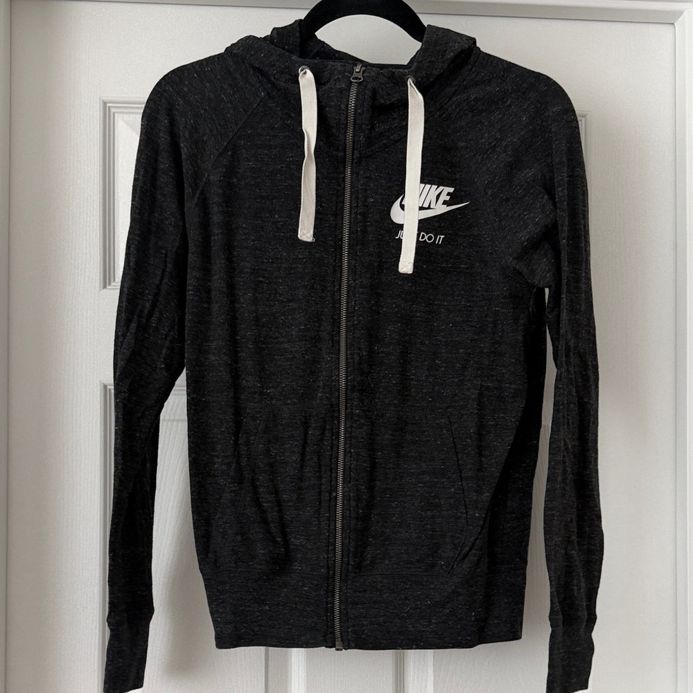 Nike Black Hooded Zip-Up Jacket with White Logo and Drawstrings
